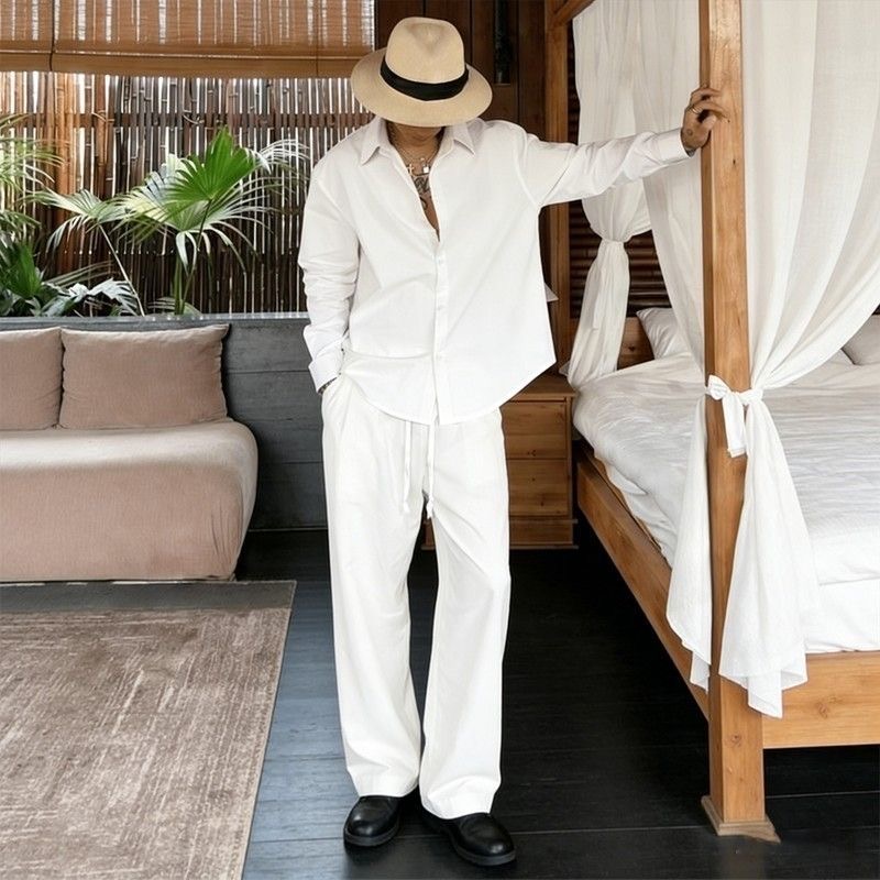 Mens Linen Shirt Long Sleeve - طقم كتان أبيض فضفاض بأكمام طويلة،