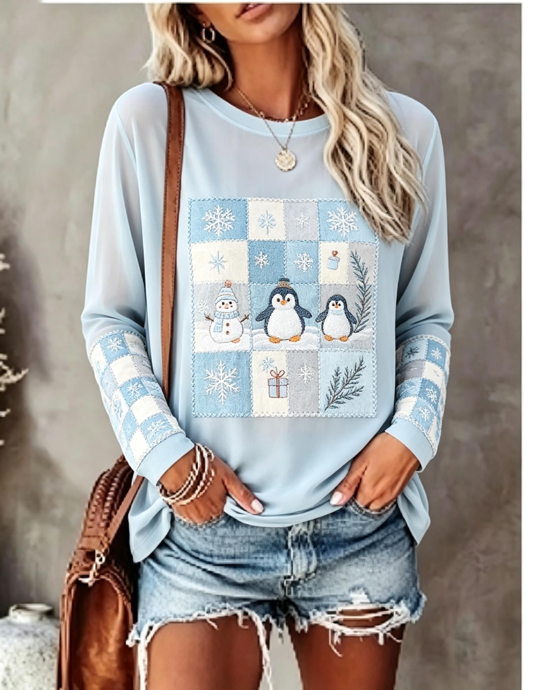 T-Shirts - تيشيرت نسائي بأكمام طويلة، بتصميم رقعي