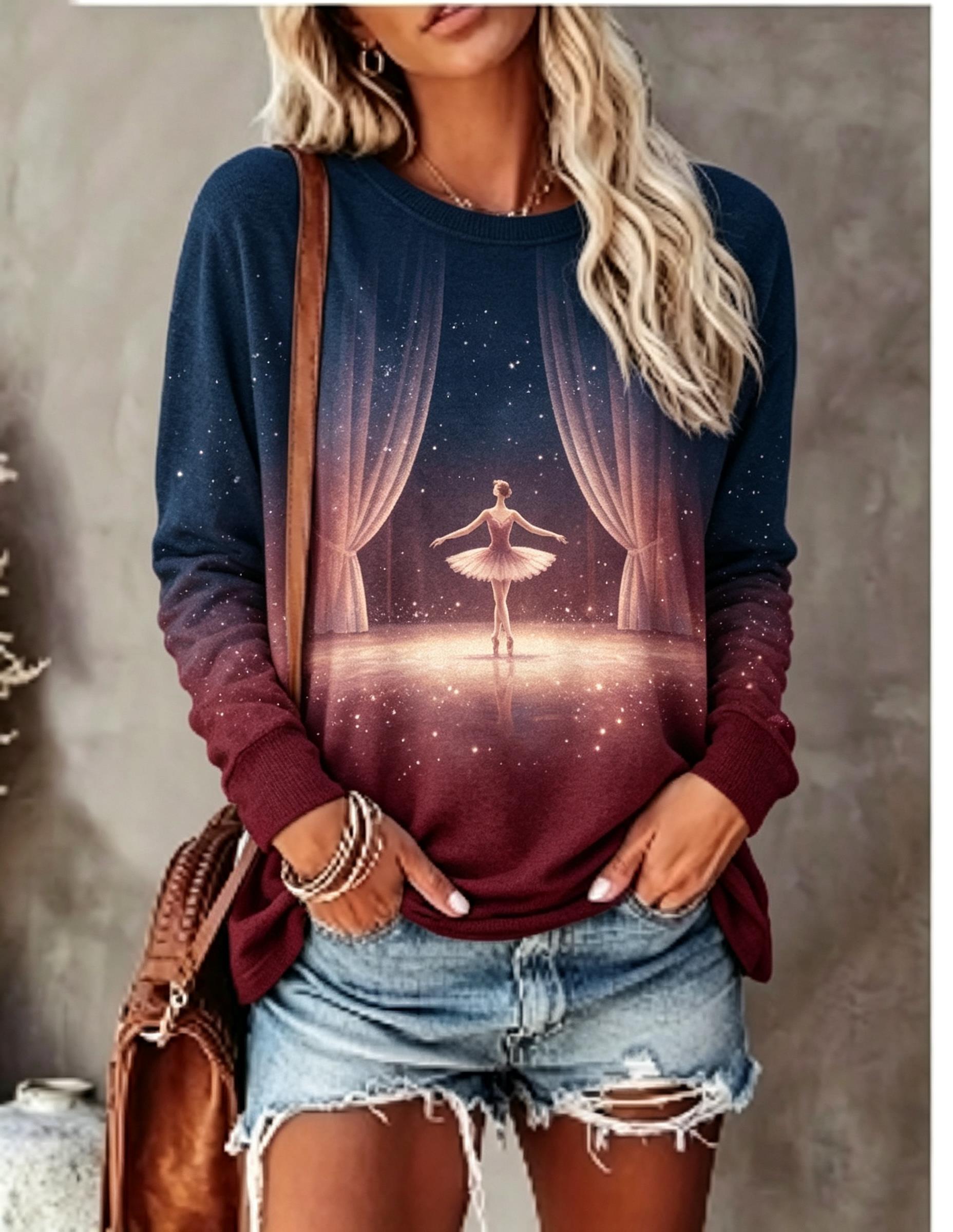 T-Shirts - قميص نسائي بأكمام طويلة بطبعة متدرجة
