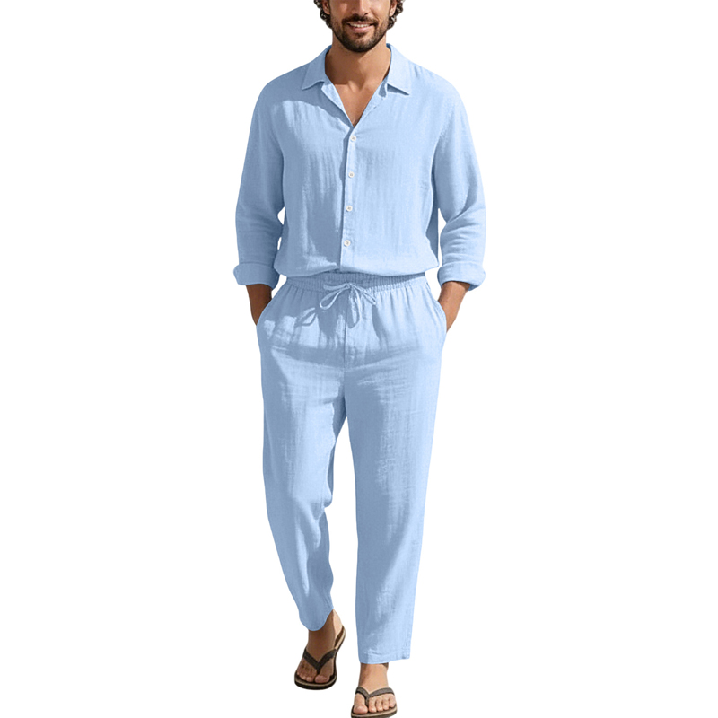 Mens Linen Shirt Long Sleeve - أطقم كاجوال من الكتان للربيع والصيف،
