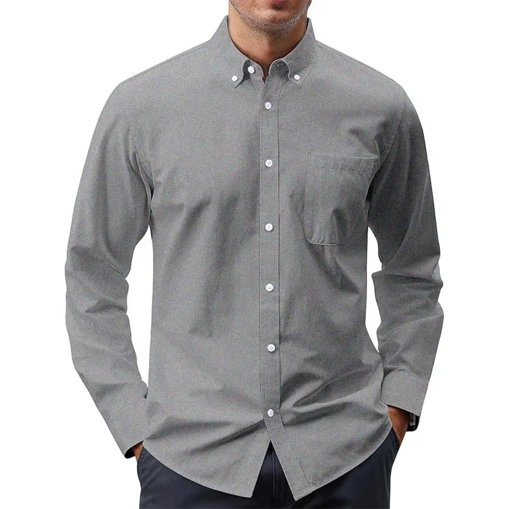 Oxford Cotton Casual Shirt Business - قمصان رجالية طويلة الأكمام بلون سادة