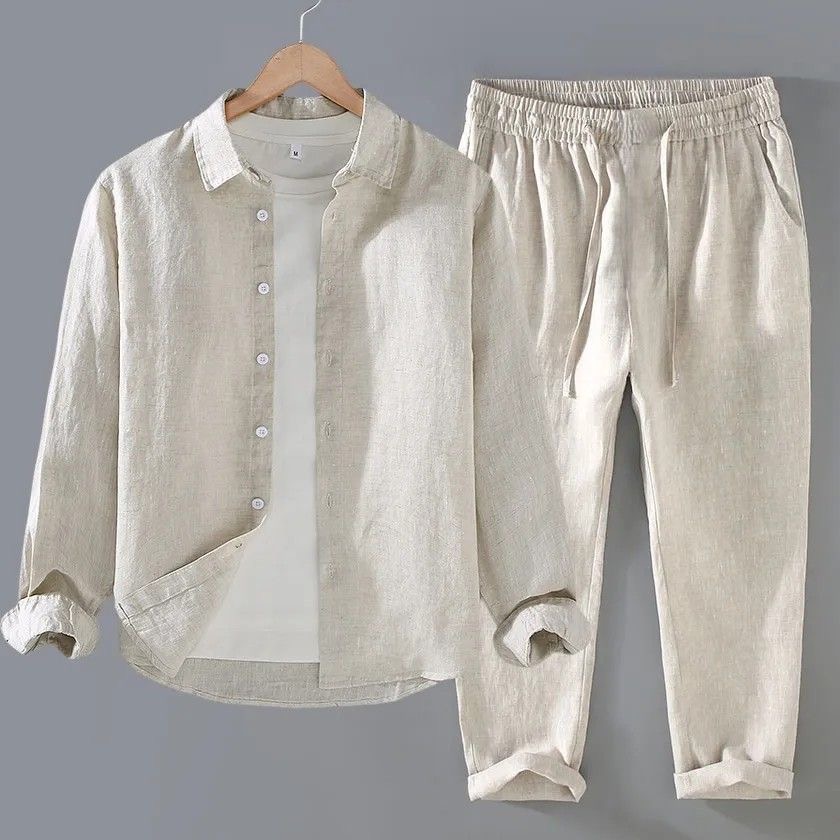 طقم كتان أبيض فضفاض بأكمام طوي - مراجعة Mens Linen Shirt Long Sleeve وسعره
