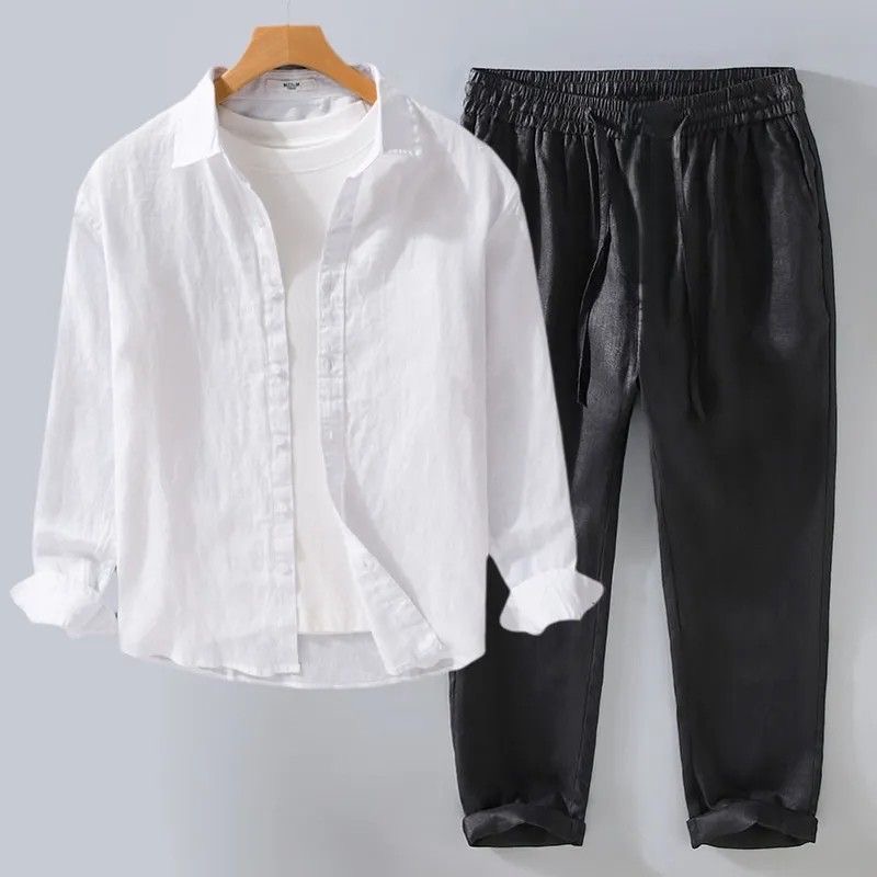 طقم كتان أبيض فضفاض بأكمام طوي - مراجعة Mens Linen Shirt Long Sleeve وسعره